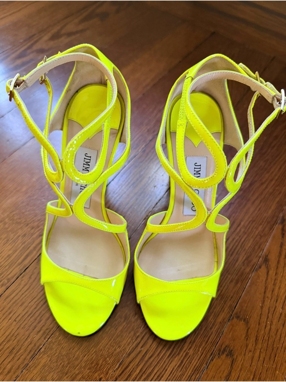 Jimmy Choo Lance 100 Neon Yellow Cutout Strappy High Heels